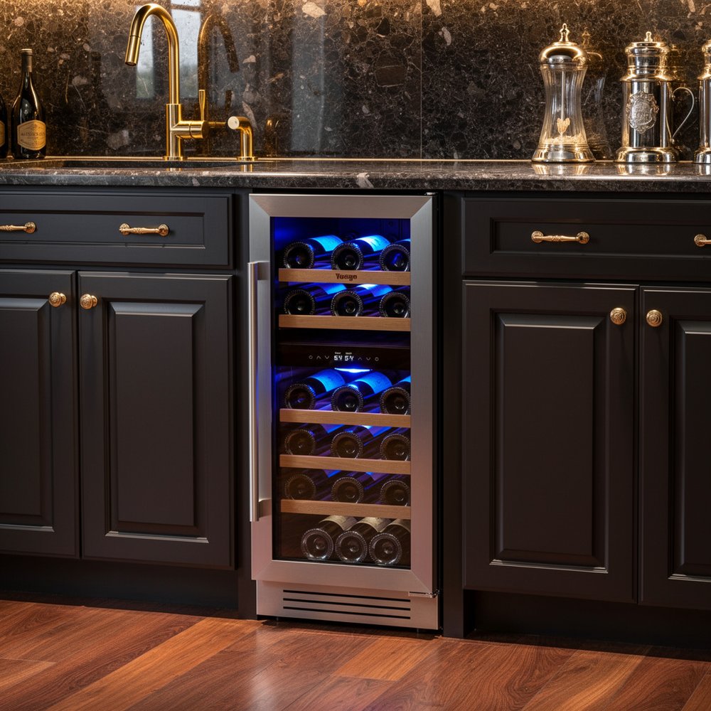 34" X 15" Silver Stainless Steel Dual Compartment Wine Refrigerator photographed against a dark studio background.