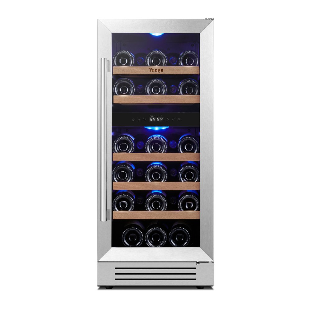 34" X 15" Silver Stainless Steel Dual Compartment Wine Refrigerator. Wine cooler isolated on a plain white background, finished in silver metal.