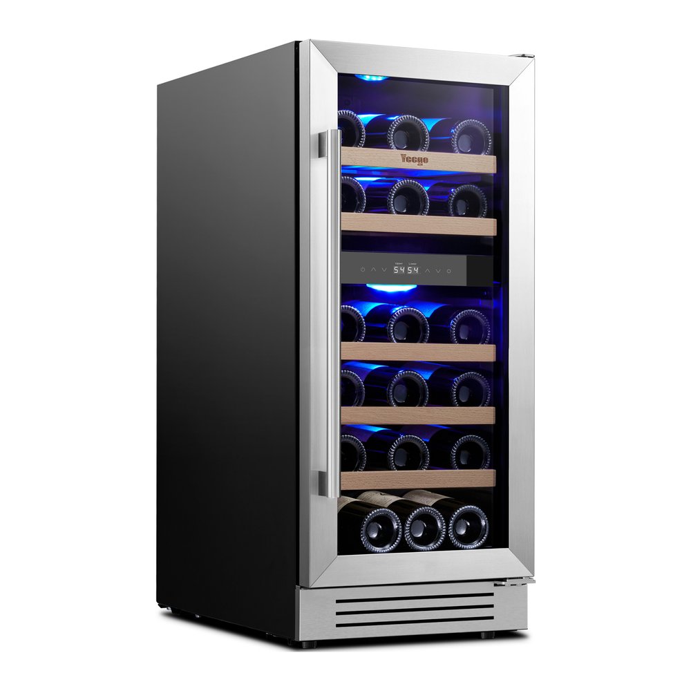 34" X 15" Silver Stainless Steel Dual Compartment Wine Refrigerator. Wine cooler isolated on a plain white background, showing a silver metal surface.