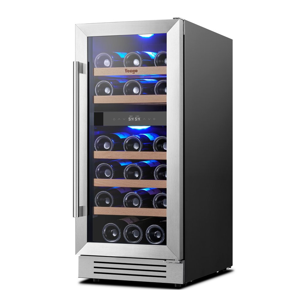 34" X 15" Silver Stainless Steel Dual Compartment Wine Refrigerator. Wine cooler isolated on a plain white background, in a silver metal finish.