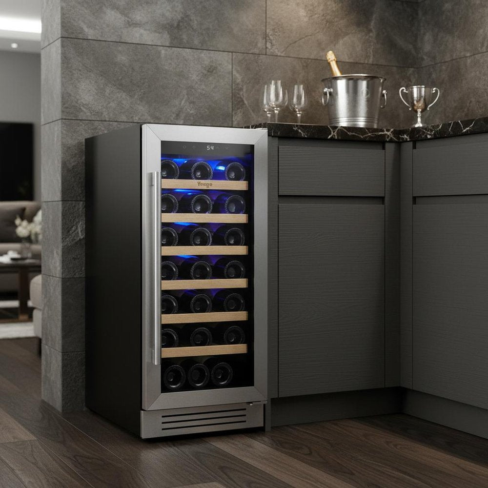 34" X 15" Silver Stainless Steel Single Compartment Wine Refrigerator styled in a furnished interior with a gray wall on a dark wood floor.