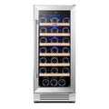 34" X 15" Silver Stainless Steel Single Compartment Wine Refrigerator. Wine cooler isolated on a plain white background, showing a silver metal surface.