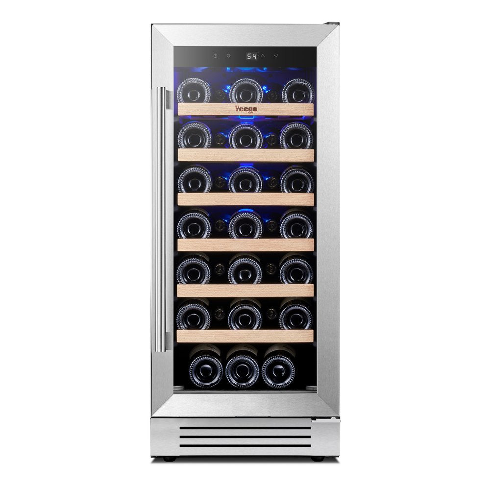 34" X 15" Silver Stainless Steel Single Compartment Wine Refrigerator. Wine cooler isolated on a plain white background, showing a silver metal surface.