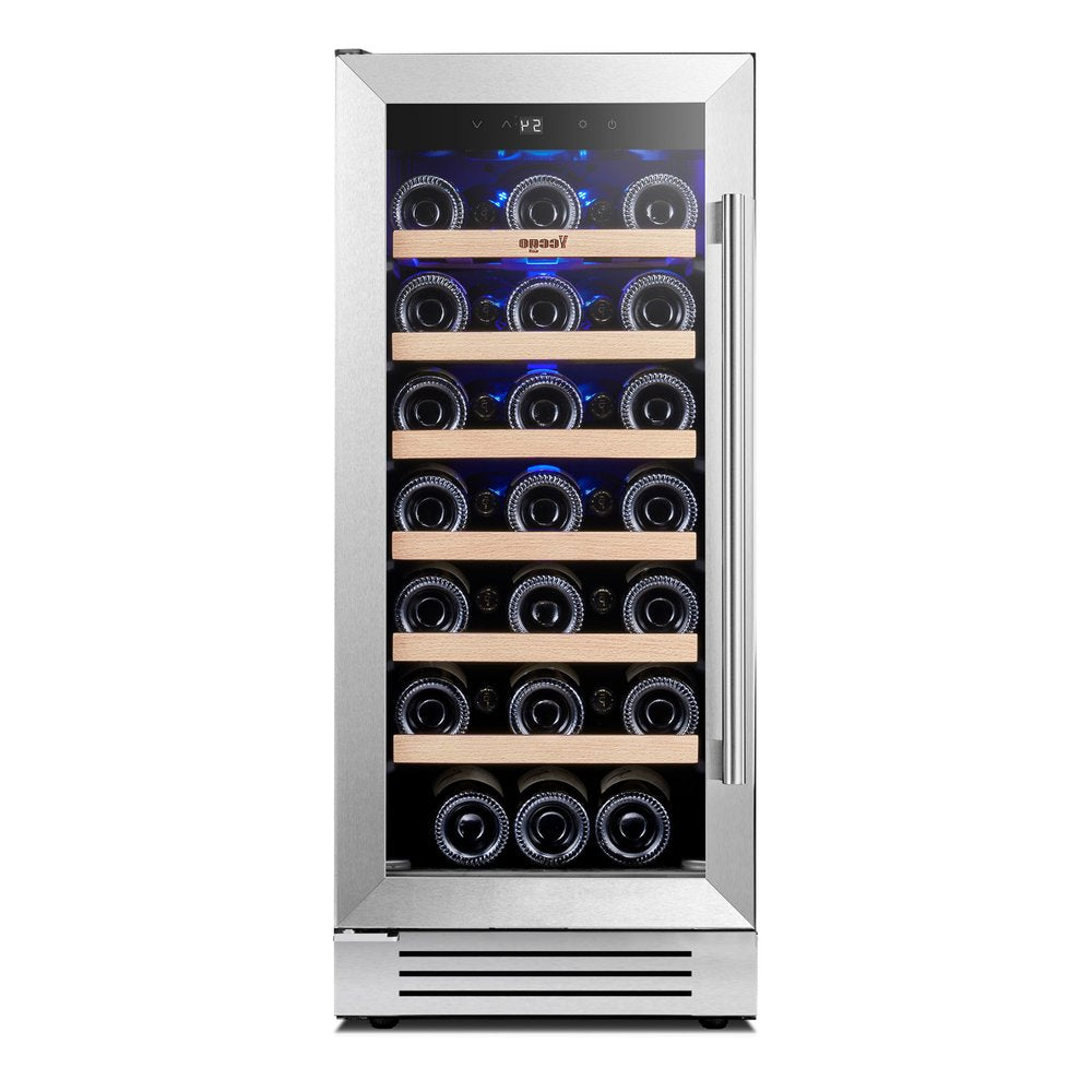 34" X 15" Silver Stainless Steel Single Compartment Wine Refrigerator. Wine cooler isolated on a plain white background, in a silver metal finish.
