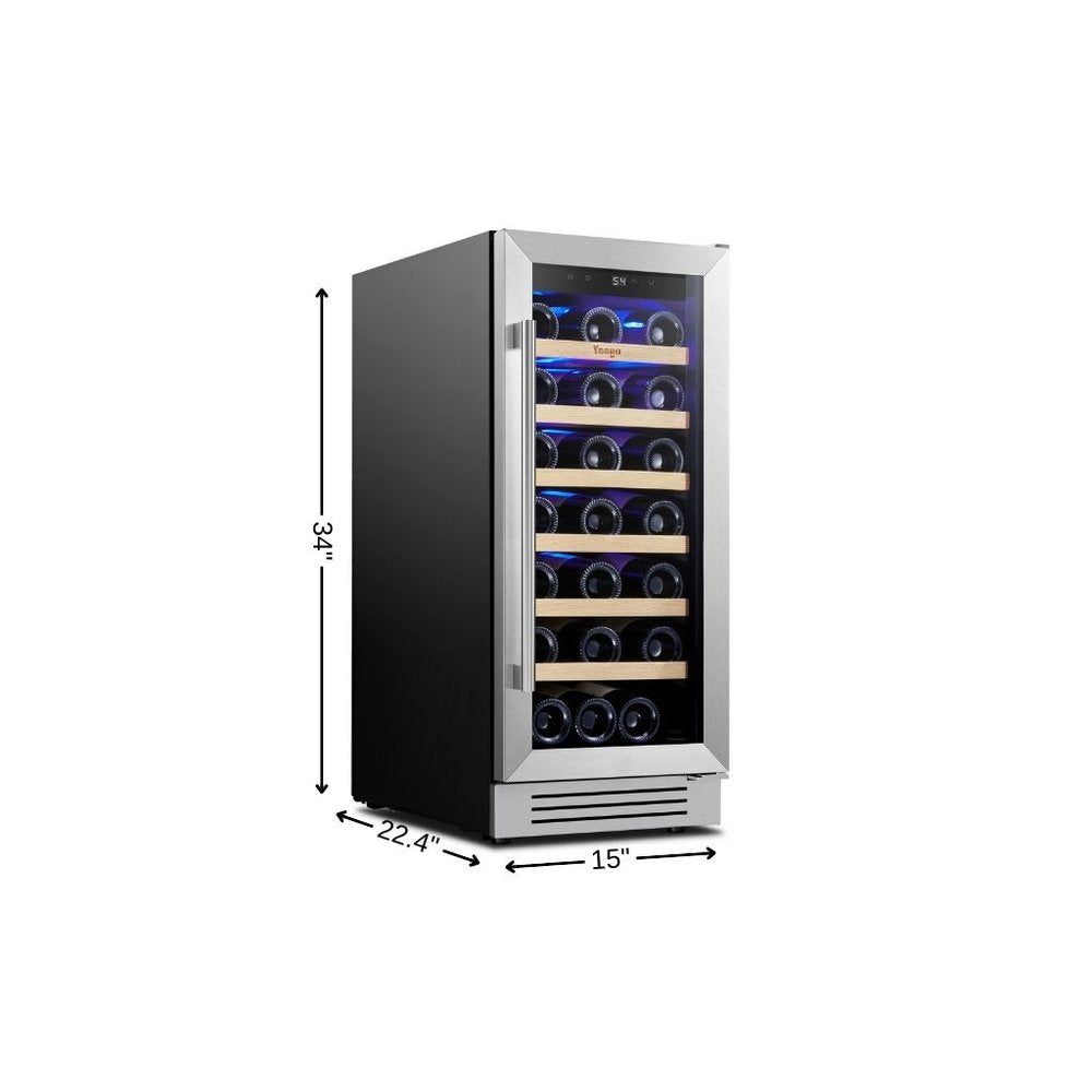 34" X 15" Silver Stainless Steel Single Compartment Wine Refrigerator. Wine cooler isolated on a plain white background, finished in silver metal.