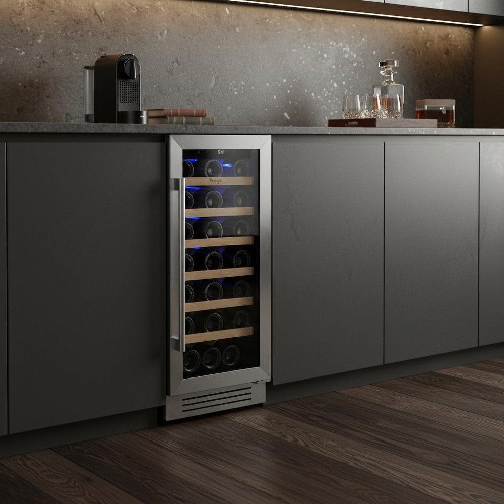 34" X 15" Silver Stainless Steel Single Compartment Wine Refrigerator styled in a furnished interior with a dark brown wall on a dark wood floor.