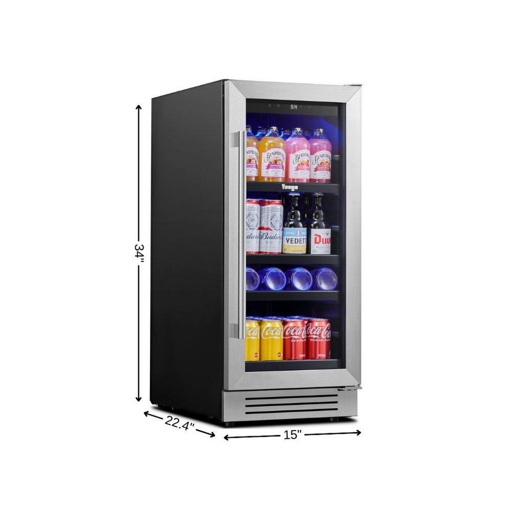 34" X 15" Silver and Black Stainless Steel Single Compartment Can Beverage Refrigerator. Wine cooler isolated on a plain white background, finished in silver metal.