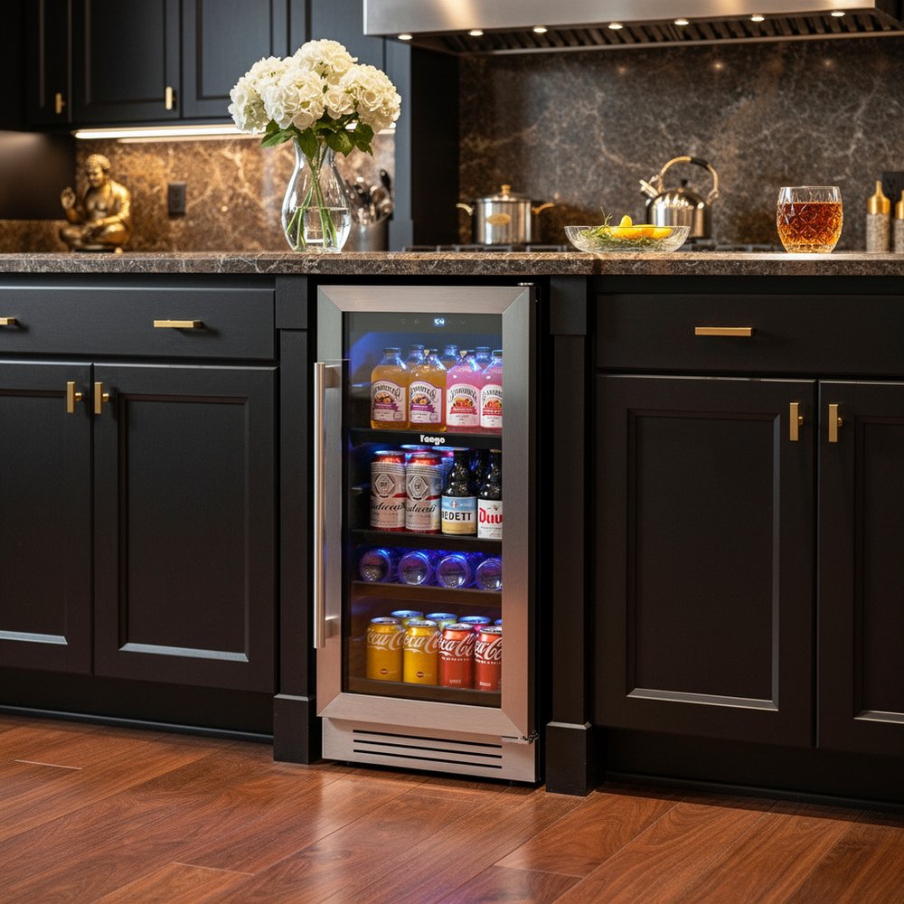 34" X 15" Silver and Black Stainless Steel Single Compartment Can Beverage Refrigerator styled in a furnished interior with a dark brown wall on a dark wood floor.