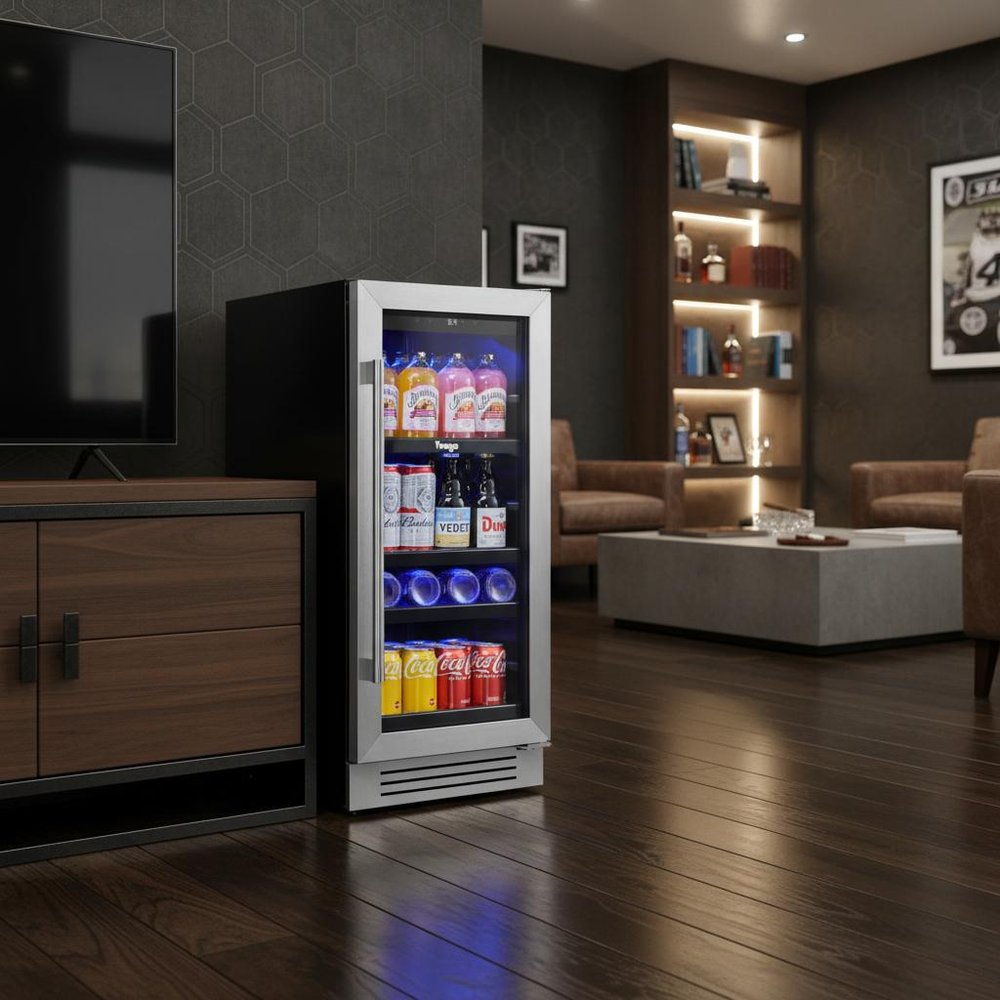 34" X 15" Silver and Black Stainless Steel Single Compartment Can Beverage Refrigerator. Wine cooler in black metal.
