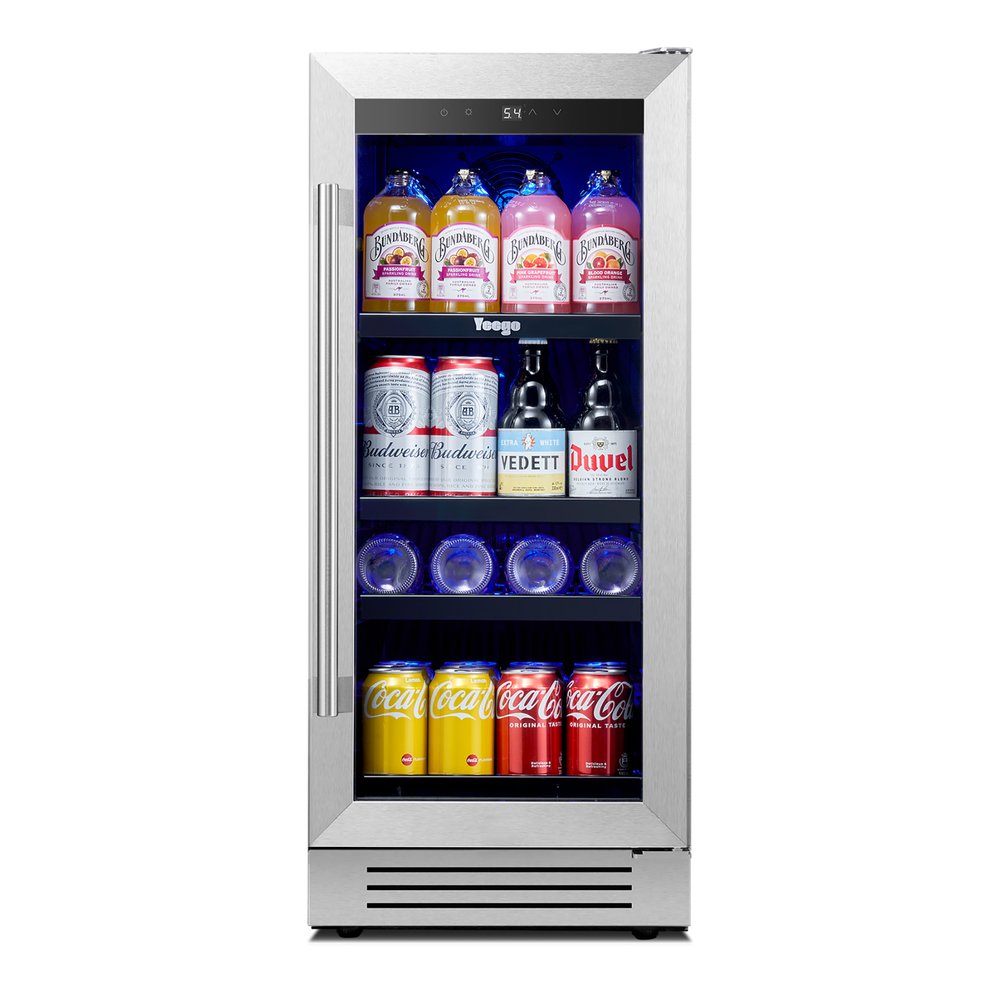34" X 15" Silver and Black Stainless Steel Single Compartment Can Beverage Refrigerator. Wine cooler isolated on a plain white background, in a silver metal finish.