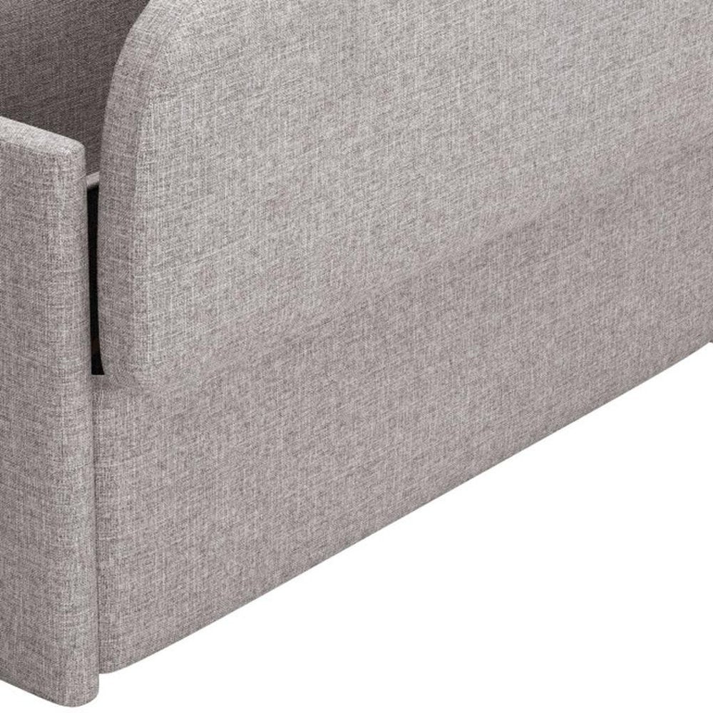 Close-up of a gray fabric upholstered storage bench with a flip top, showing the textured material and a corner of the bench.