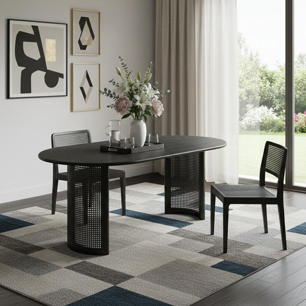 79" Black Solid Wood Double Pedestal Base Oval Dining Table