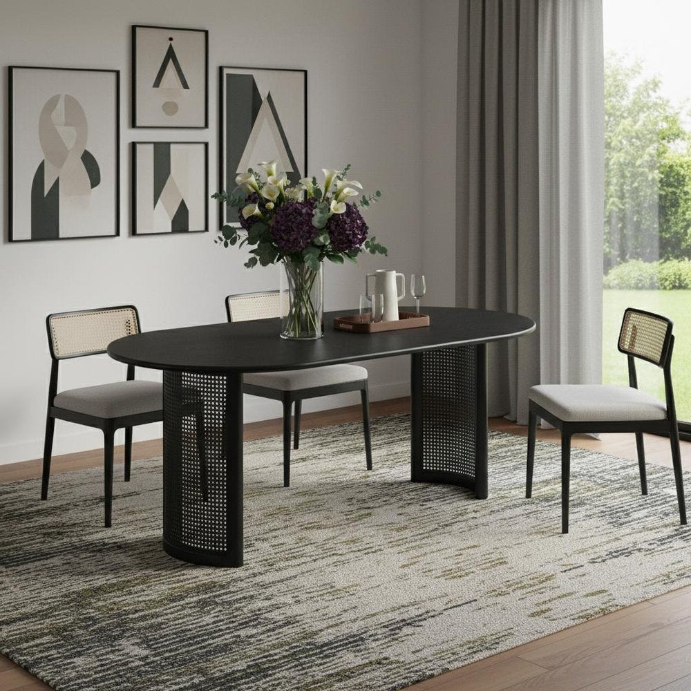 79" Black Solid Wood With Rattan Double Pedestal Base Oval Dining Table