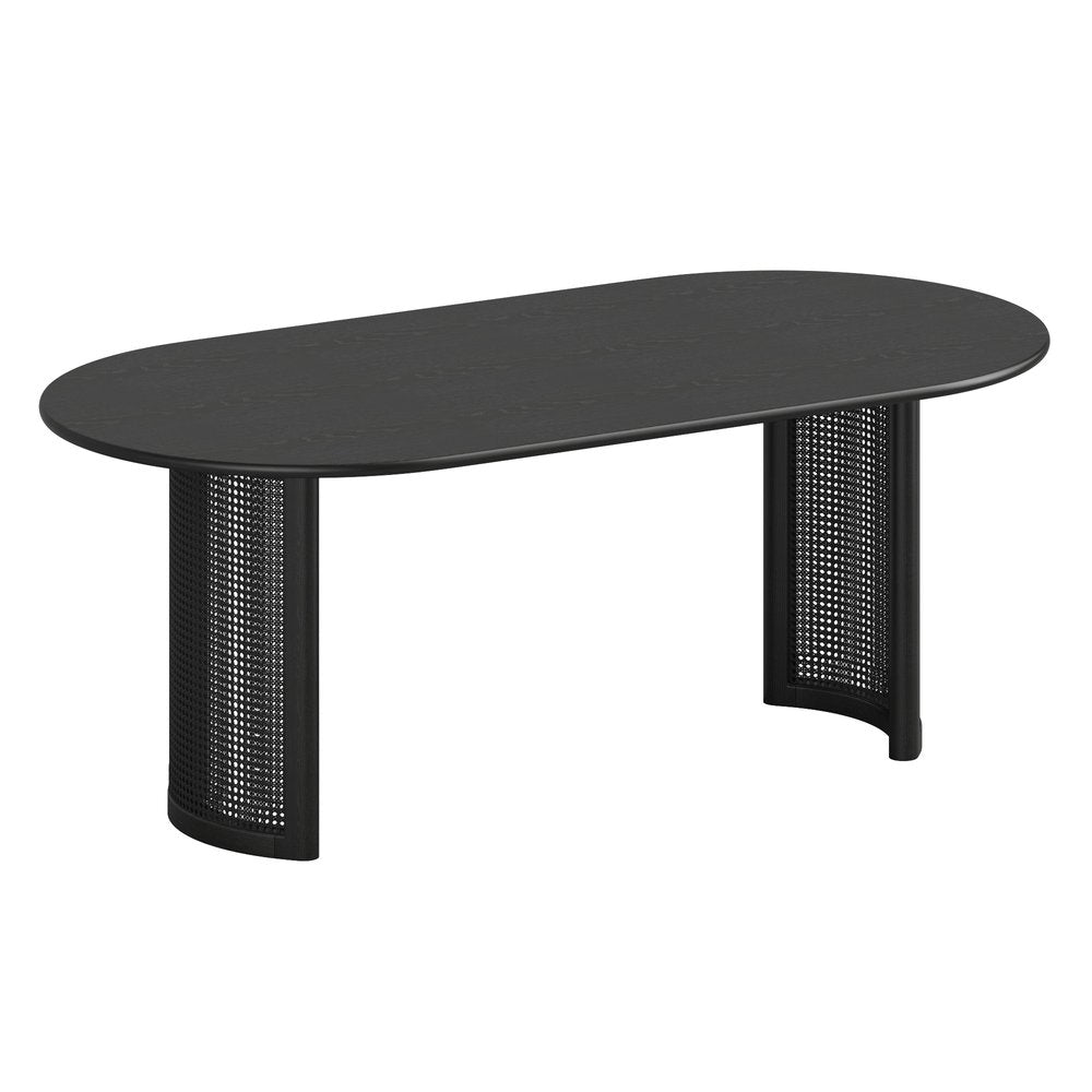 79" Black Solid Wood With Rattan Double Pedestal Base Oval Dining Table