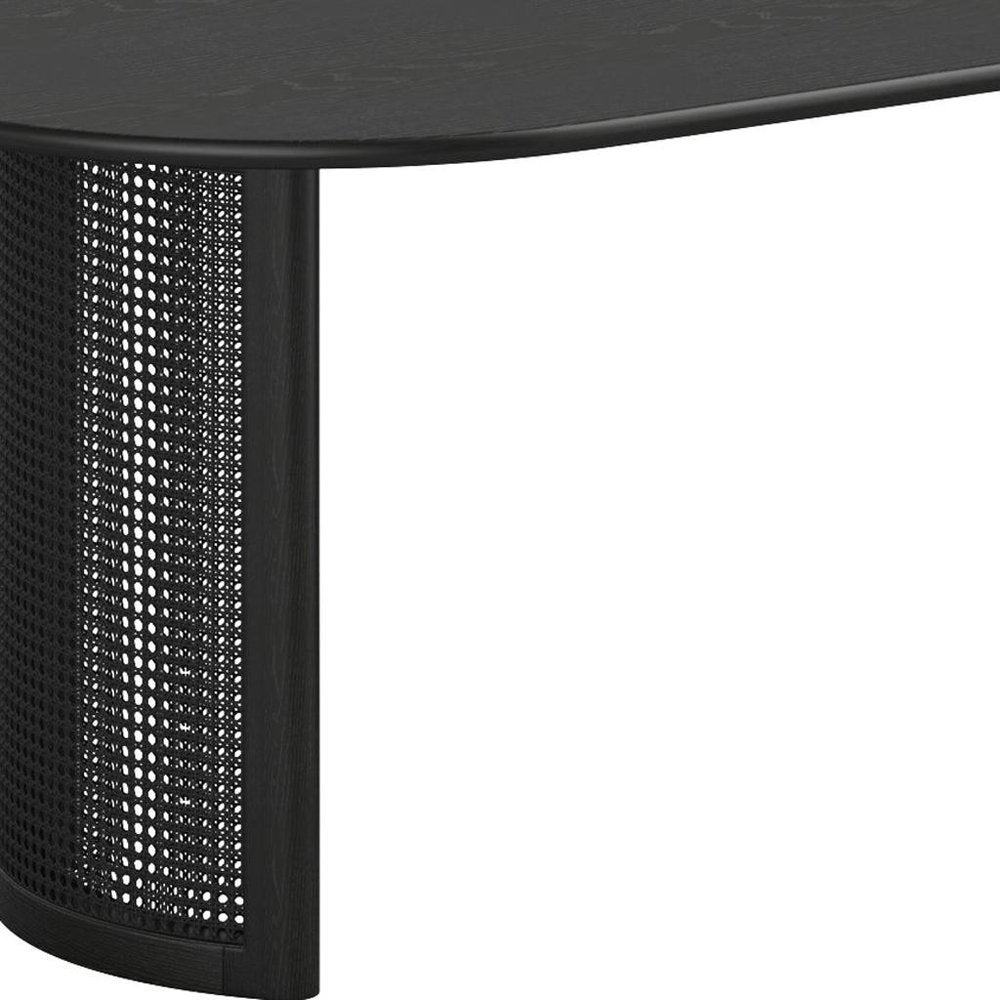 79" Black Solid Wood With Rattan Double Pedestal Base Oval Dining Table