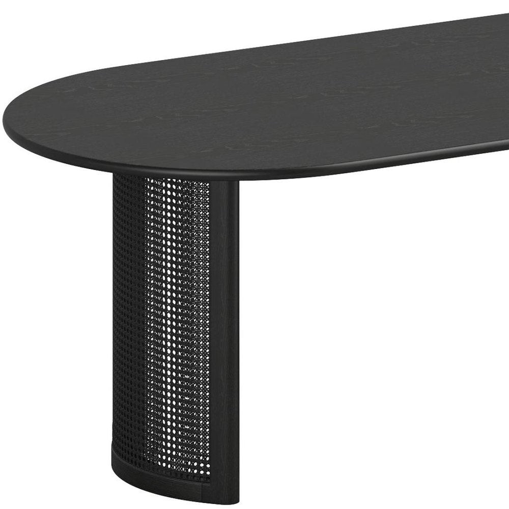 79" Black Solid Wood With Rattan Double Pedestal Base Oval Dining Table