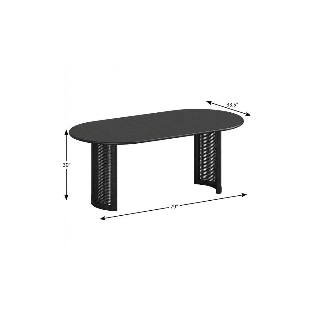 79" Black Solid Wood With Rattan Double Pedestal Base Oval Dining Table