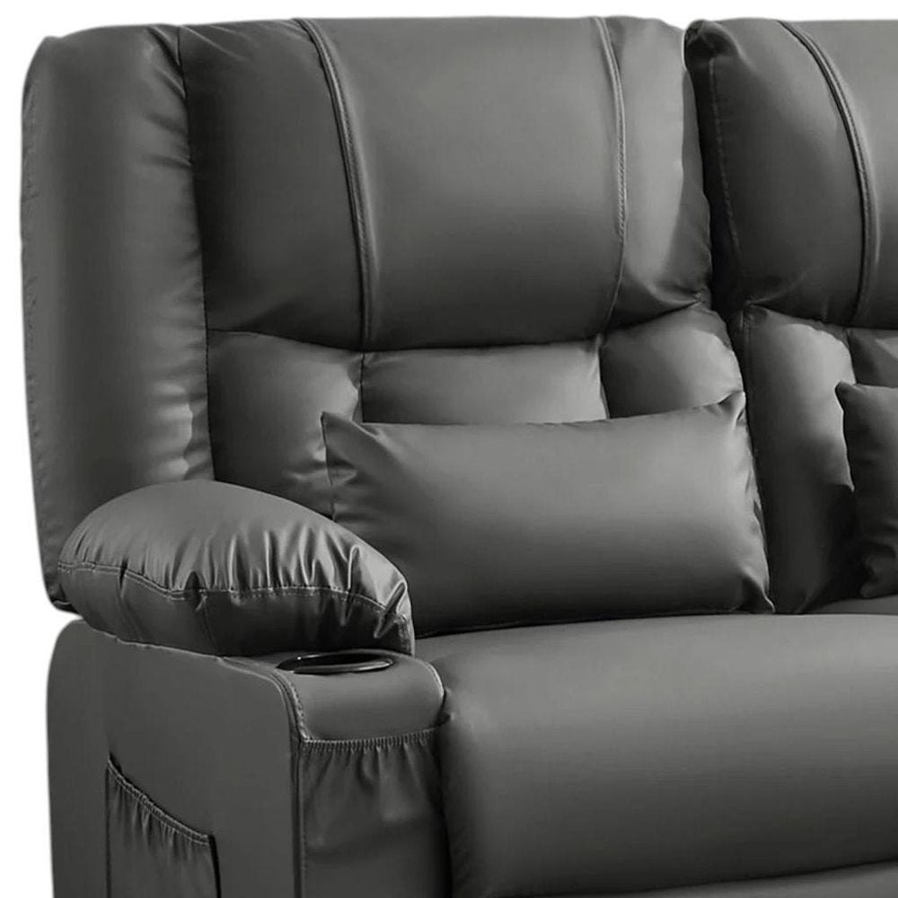 62" Gray Faux Leather Manual Reclining Loveseat With Storage and Toss Pillows