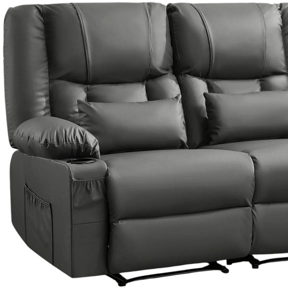 62" Gray Faux Leather Manual Reclining Loveseat With Storage and Toss Pillows