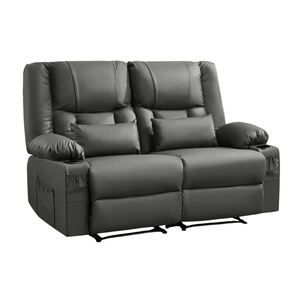62" Gray Faux Leather Manual Reclining Loveseat With Storage and Toss Pillows