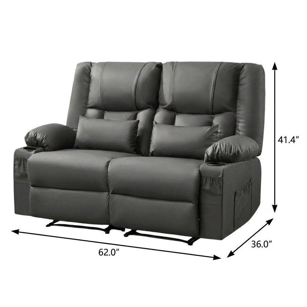 62" Gray Faux Leather Manual Reclining Loveseat With Storage and Toss Pillows