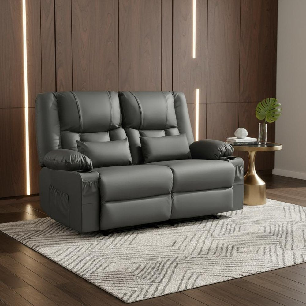62" Gray Faux Leather Manual Reclining Loveseat With Storage and Toss Pillows