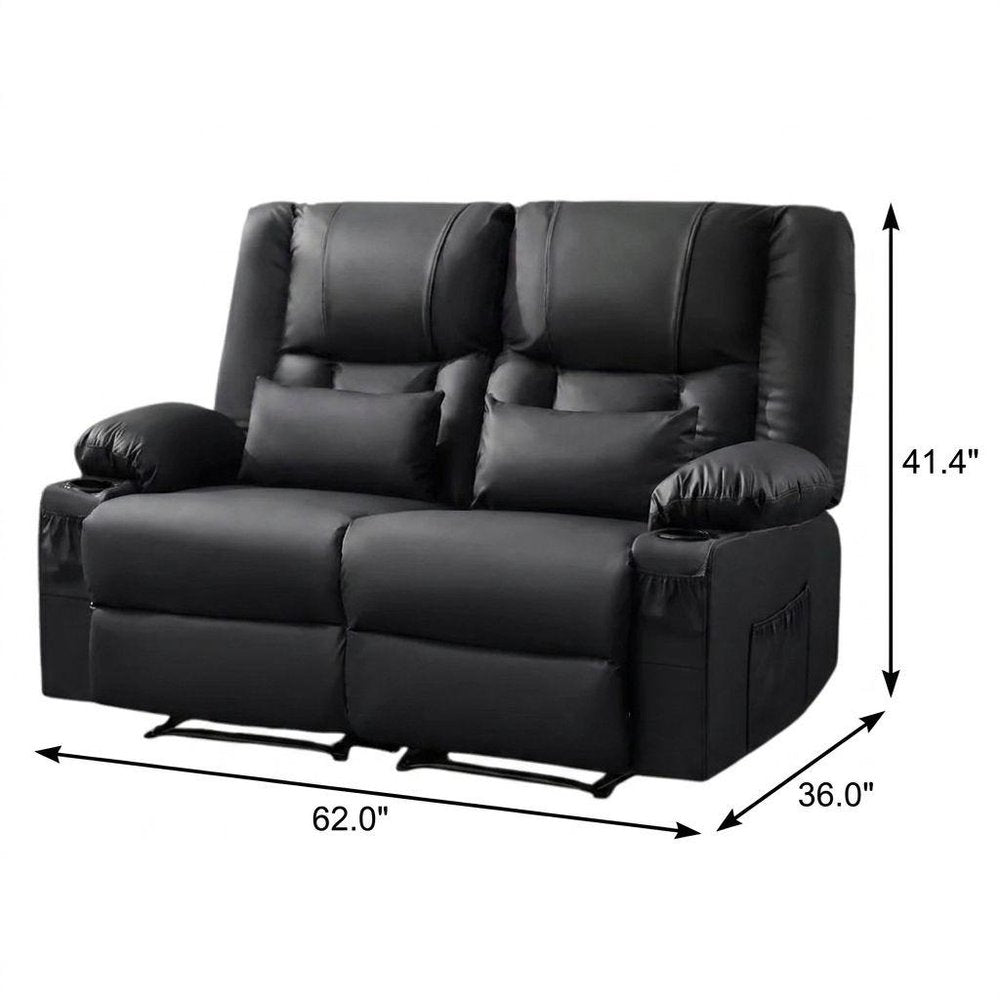 62" Gray Faux Leather Manual Reclining Loveseat With Storage and Toss Pillows