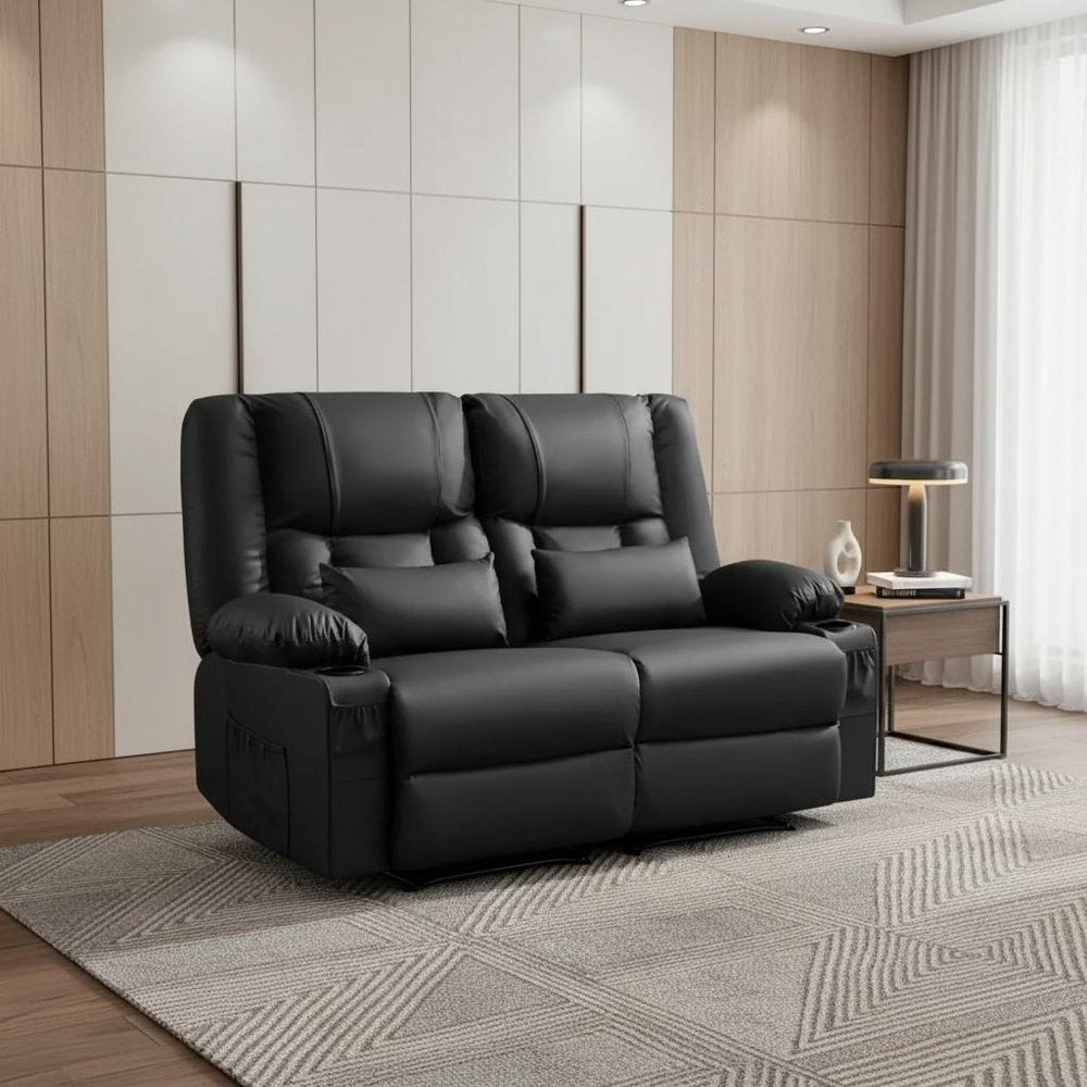 62" Gray Faux Leather Manual Reclining Loveseat With Storage and Toss Pillows