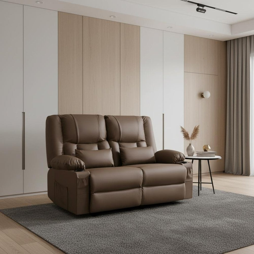 62" Gray Faux Leather Manual Reclining Loveseat With Storage and Toss Pillows