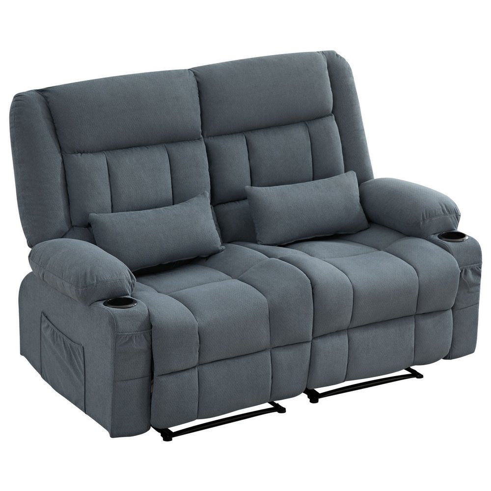47" Slate Blue and Black Microfiber Manual Reclining Loveseat With Storage and Toss Pillows