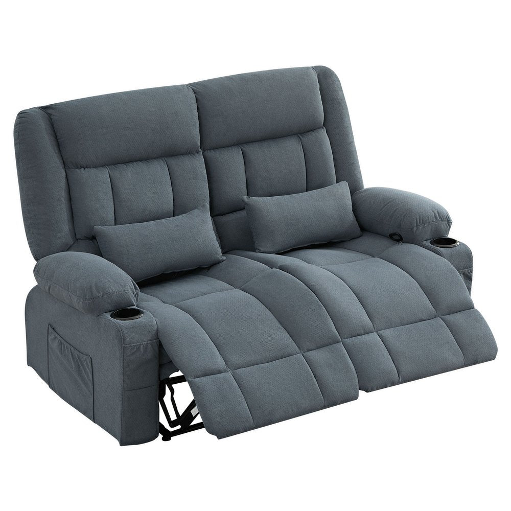 47" Slate Blue and Black Microfiber Manual Reclining Loveseat With Storage and Toss Pillows