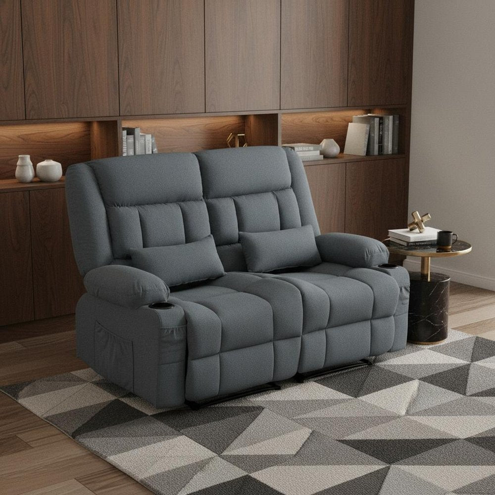 47" Slate Blue and Black Microfiber Manual Reclining Loveseat With Storage and Toss Pillows