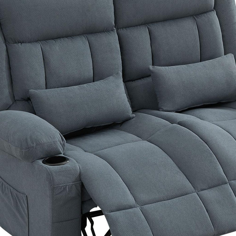 47" Slate Blue and Black Microfiber Manual Reclining Loveseat With Storage and Toss Pillows