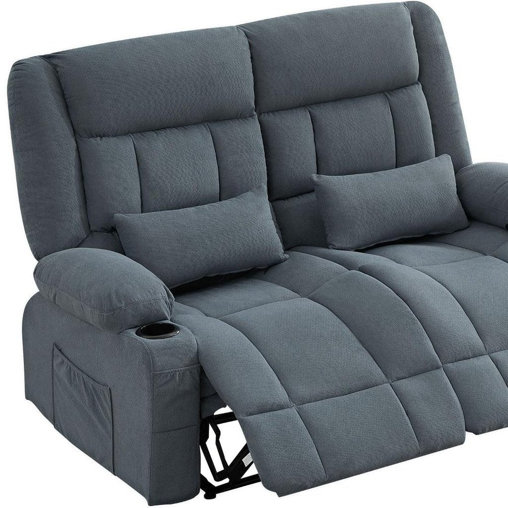 47" Slate Blue and Black Microfiber Manual Reclining Loveseat With Storage and Toss Pillows