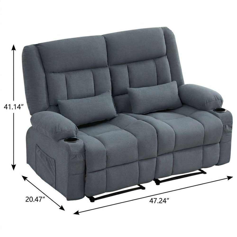 47" Slate Blue and Black Microfiber Manual Reclining Loveseat With Storage and Toss Pillows