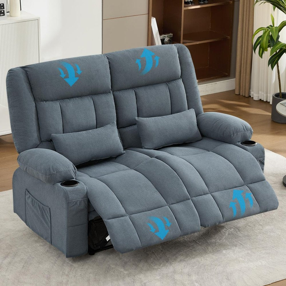 47" Slate Blue and Black Microfiber Manual Reclining Loveseat With Storage and Toss Pillows