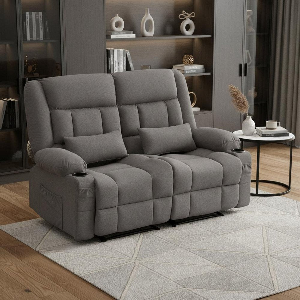 47" Slate Blue and Black Microfiber Manual Reclining Loveseat With Storage and Toss Pillows