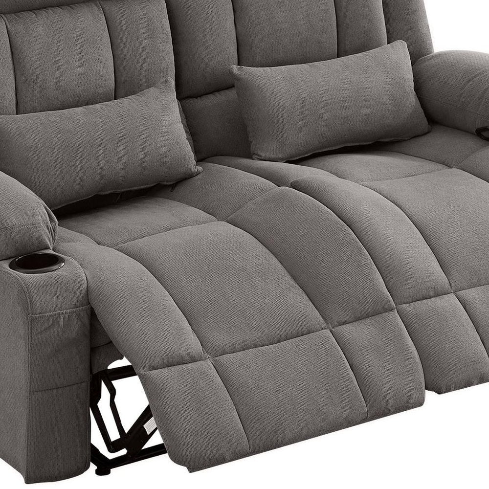 47" Slate Blue and Black Microfiber Manual Reclining Loveseat With Storage and Toss Pillows