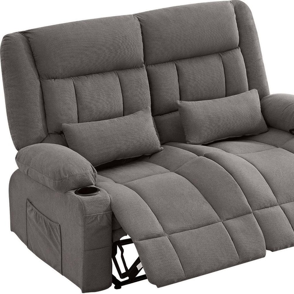 47" Slate Blue and Black Microfiber Manual Reclining Loveseat With Storage and Toss Pillows