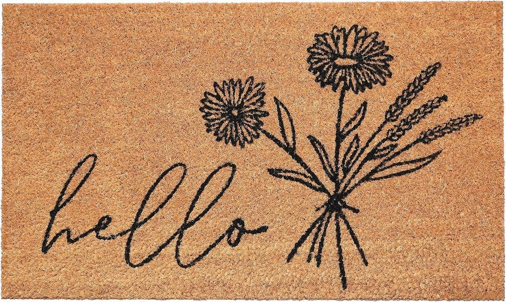36" X 72" Brown And Black Floral Hello Outdoor Coir Door Mat