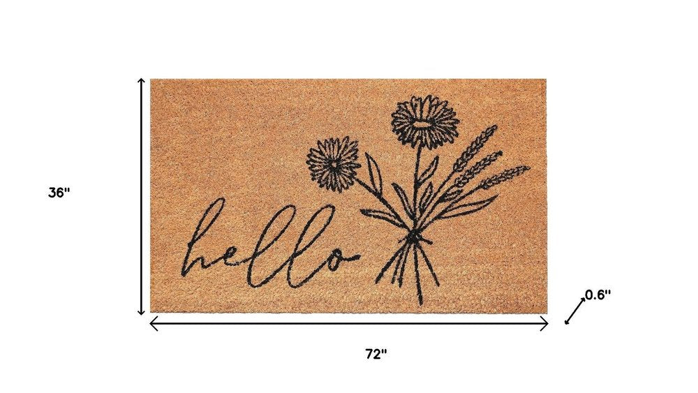 36" X 72" Brown And Black Floral Hello Outdoor Coir Door Mat