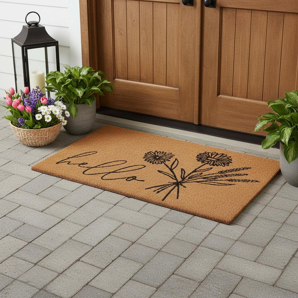 36" X 72" Brown And Black Floral Hello Outdoor Coir Door Mat
