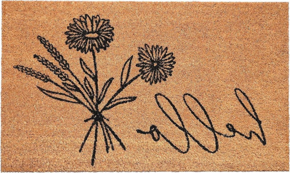 36" X 72" Brown And Black Floral Hello Outdoor Coir Door Mat