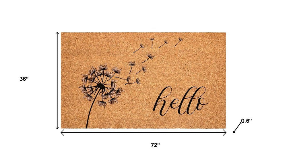 36" X 72" Brown And Black Floral Hello Outdoor Coir Door Mat