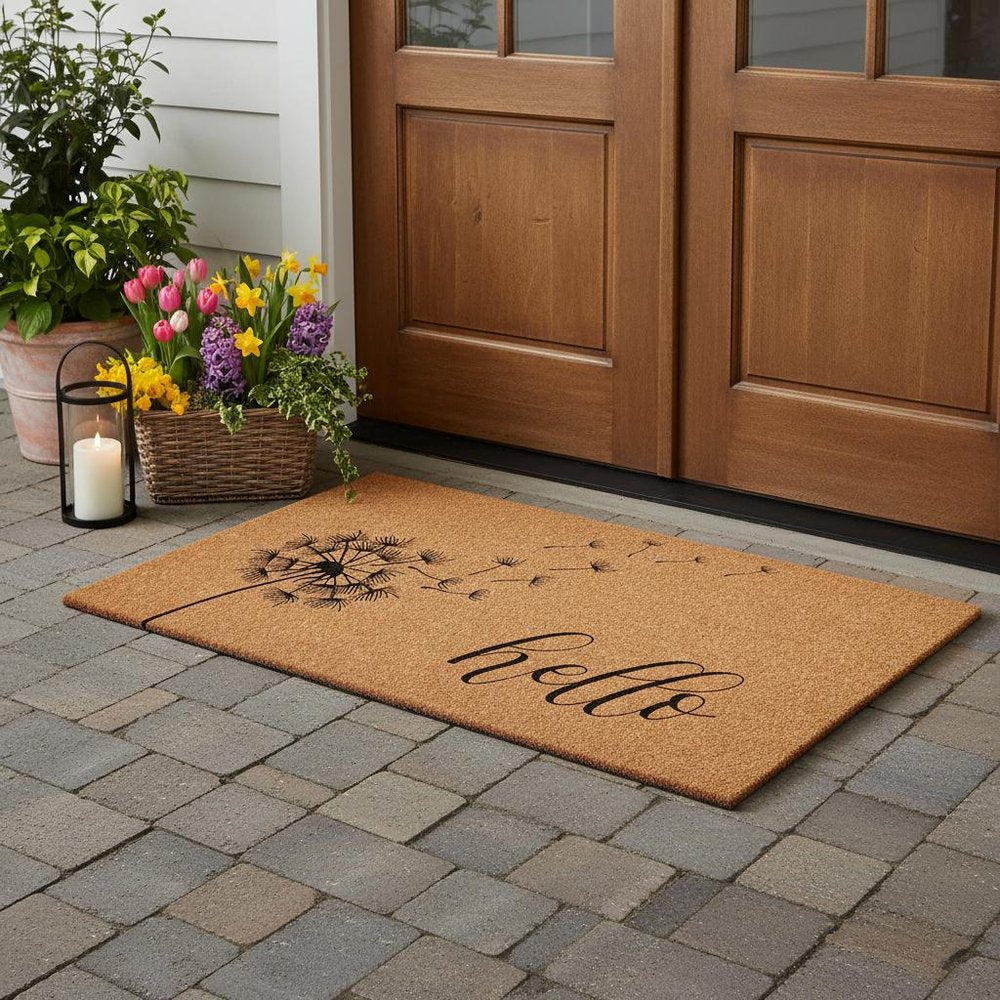 36" X 72" Brown And Black Floral Hello Outdoor Coir Door Mat