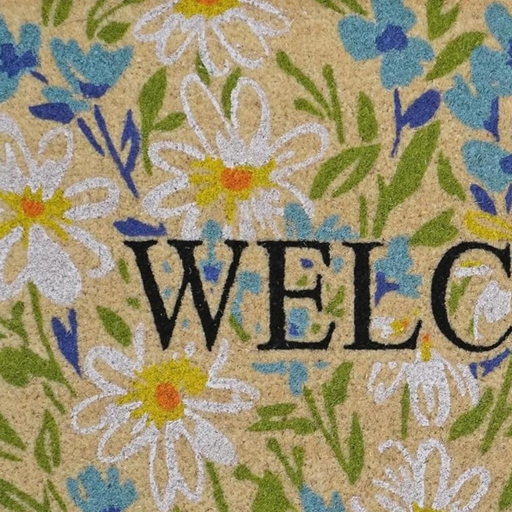36" X 72" Brown Light Blue And Green Floral Welcome Outdoor Coir Door Mat. Doormat in brown.