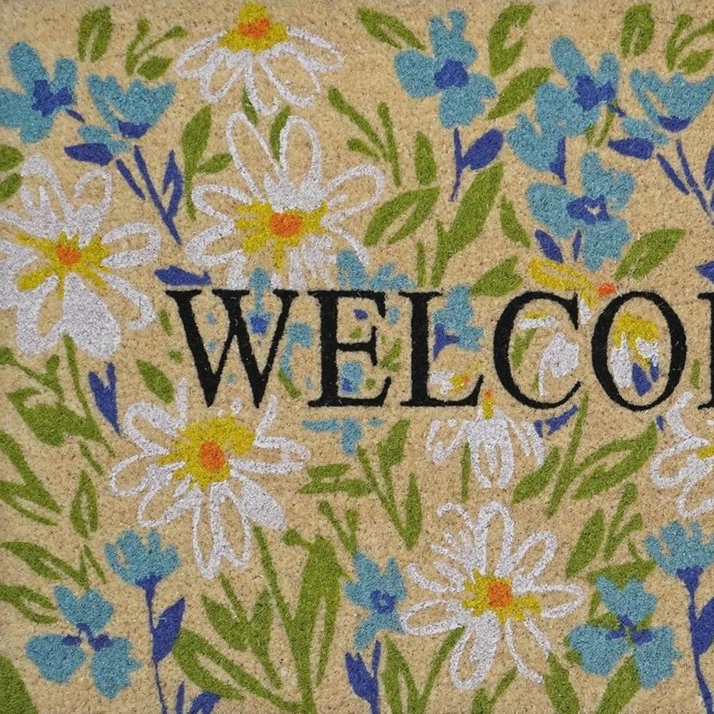 36" X 72" Brown Light Blue And Green Floral Welcome Outdoor Coir Door Mat. Doormat in brown.