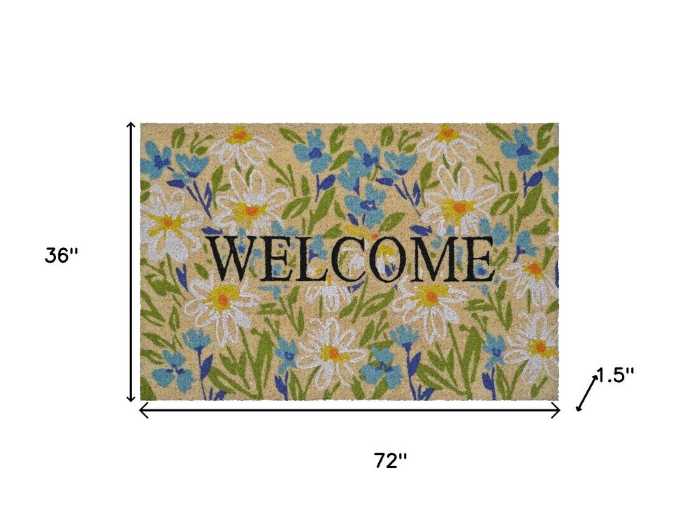 36" X 72" Brown Light Blue And Green Floral Welcome Outdoor Coir Door Mat. Doormat isolated on a plain white background, showing its brown color.