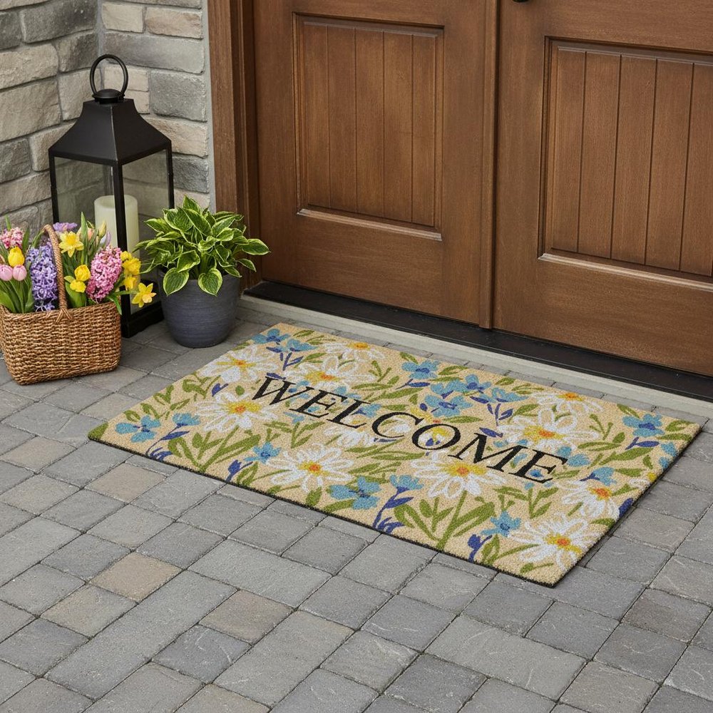 36" X 72" Brown Light Blue And Green Floral Welcome Outdoor Coir Door Mat styled in a furnished interior with a dark brown wall on a tiled floor.