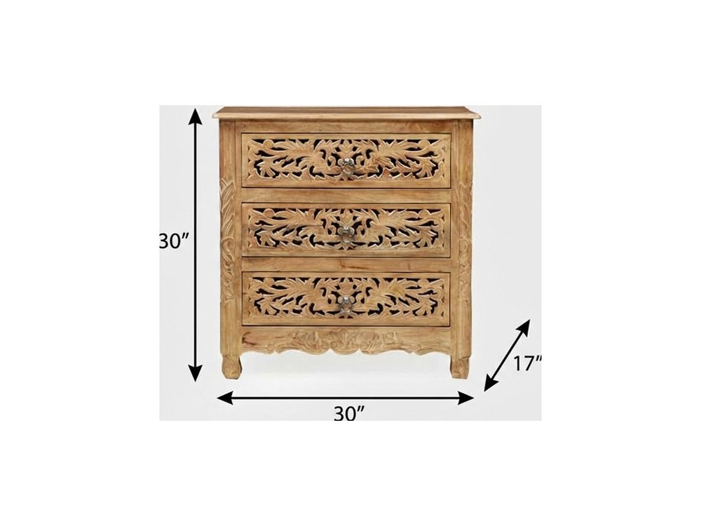 30" Brown Solid Wood Square Distressed Carved Floral Three Drawer Nightstand. Nightstands & bedside table isolated on a plain white background, in a brown wood finish.